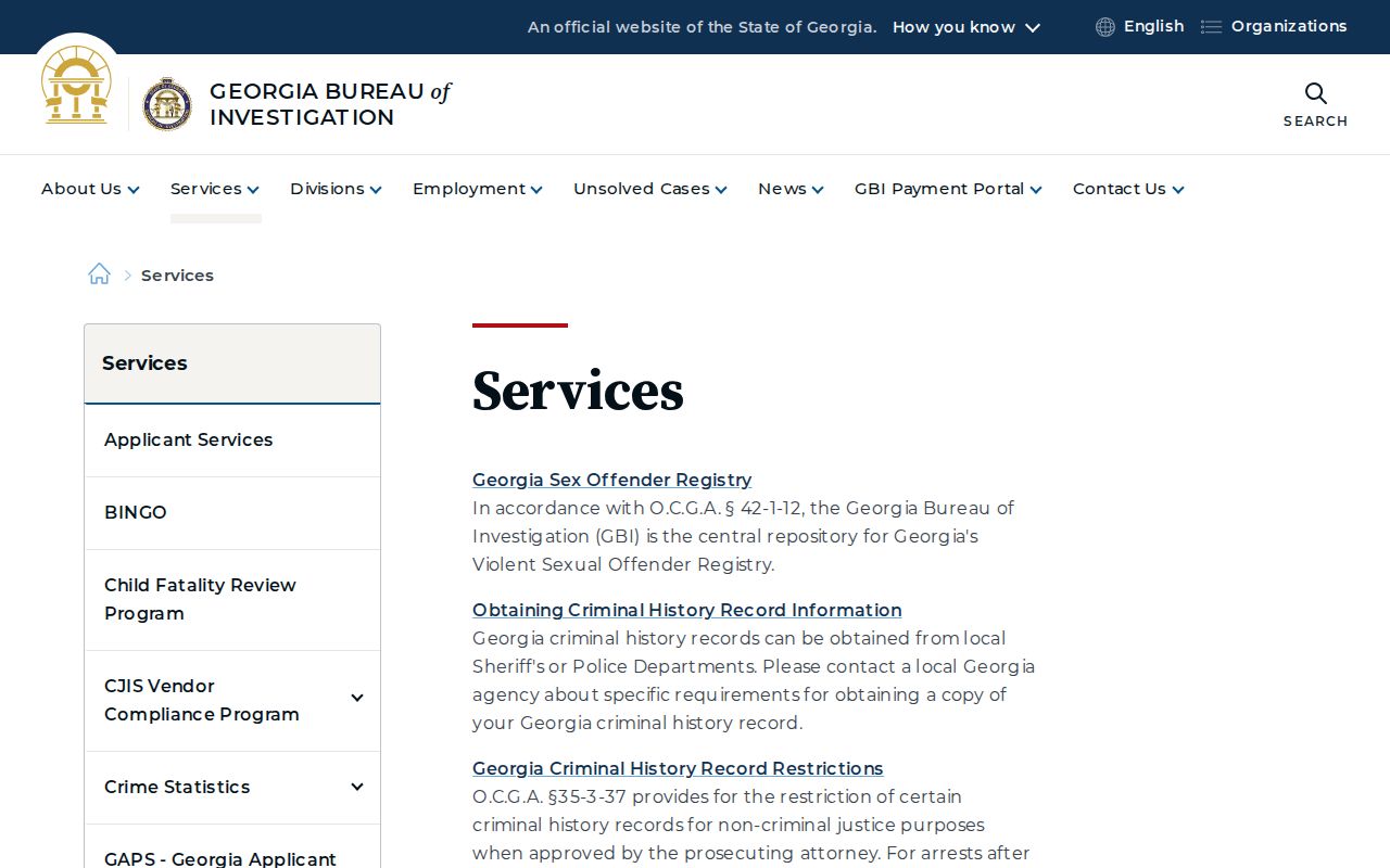 Georgia Bureau of Investigation services page with registry access