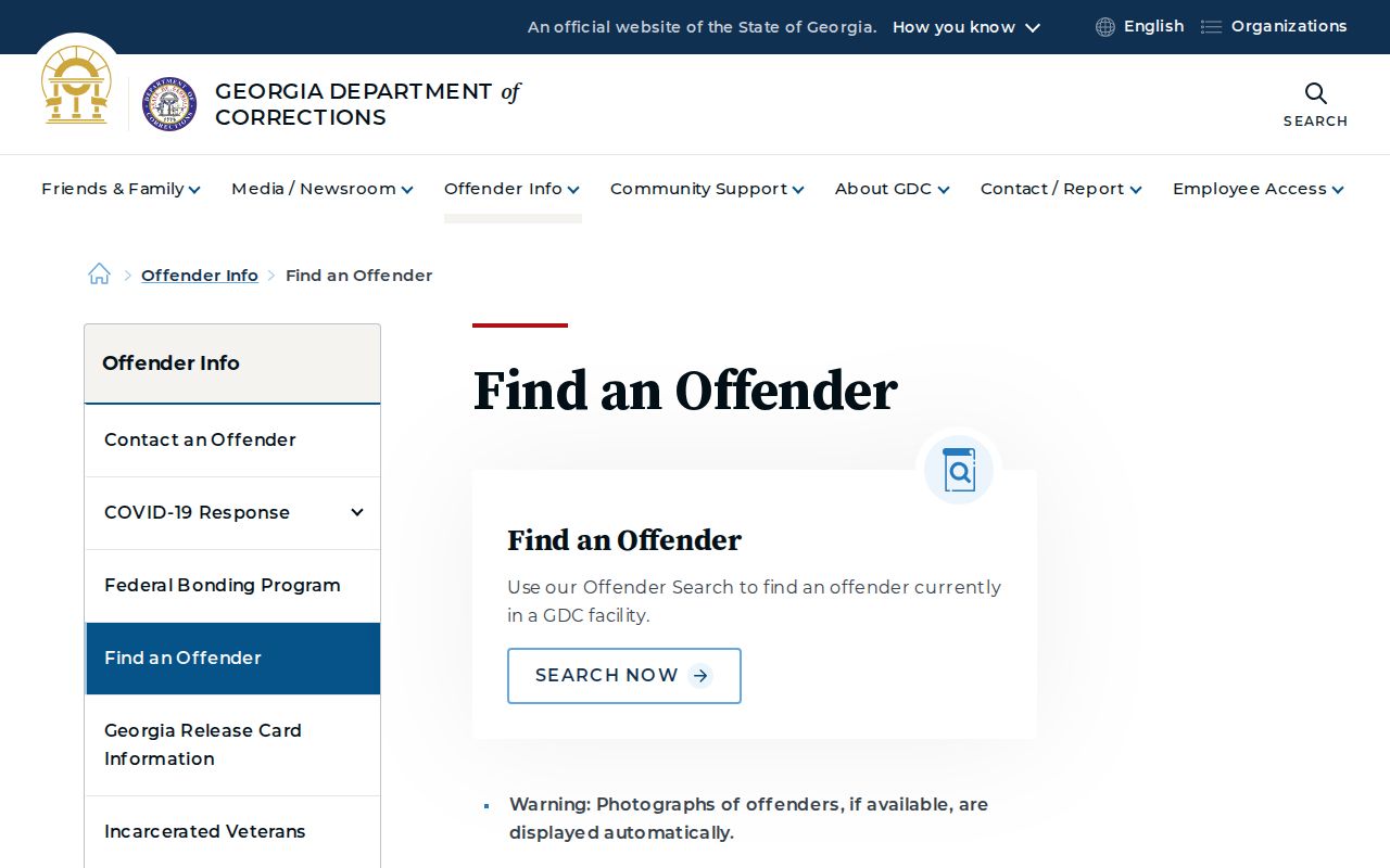 Georgia Department of Corrections offender search notice and access page